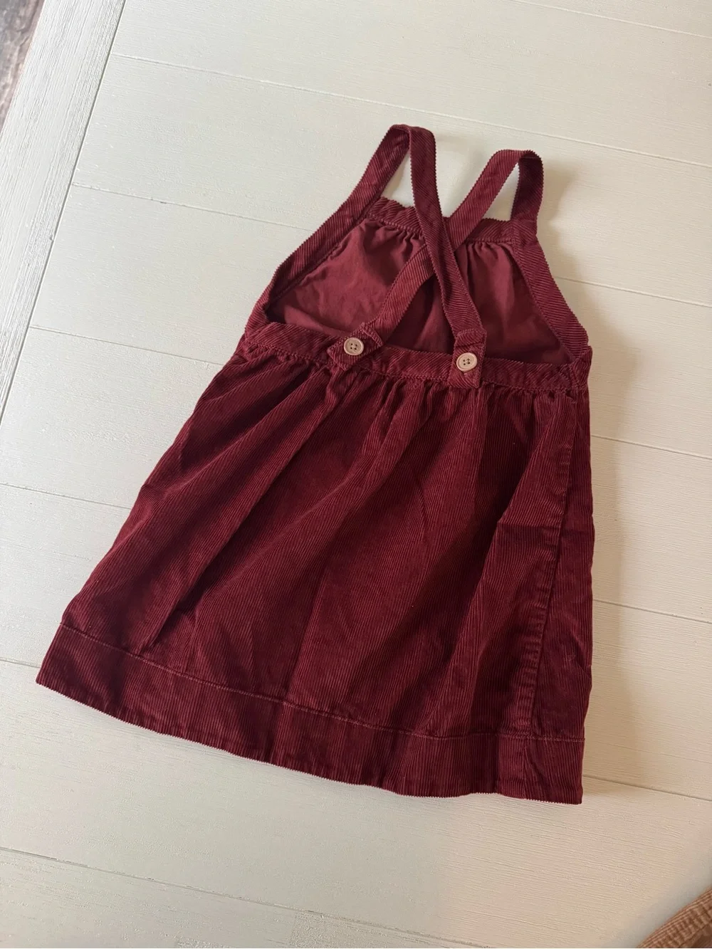 Corduroy Pinafore Dress with Floral Pockets - Burgundy